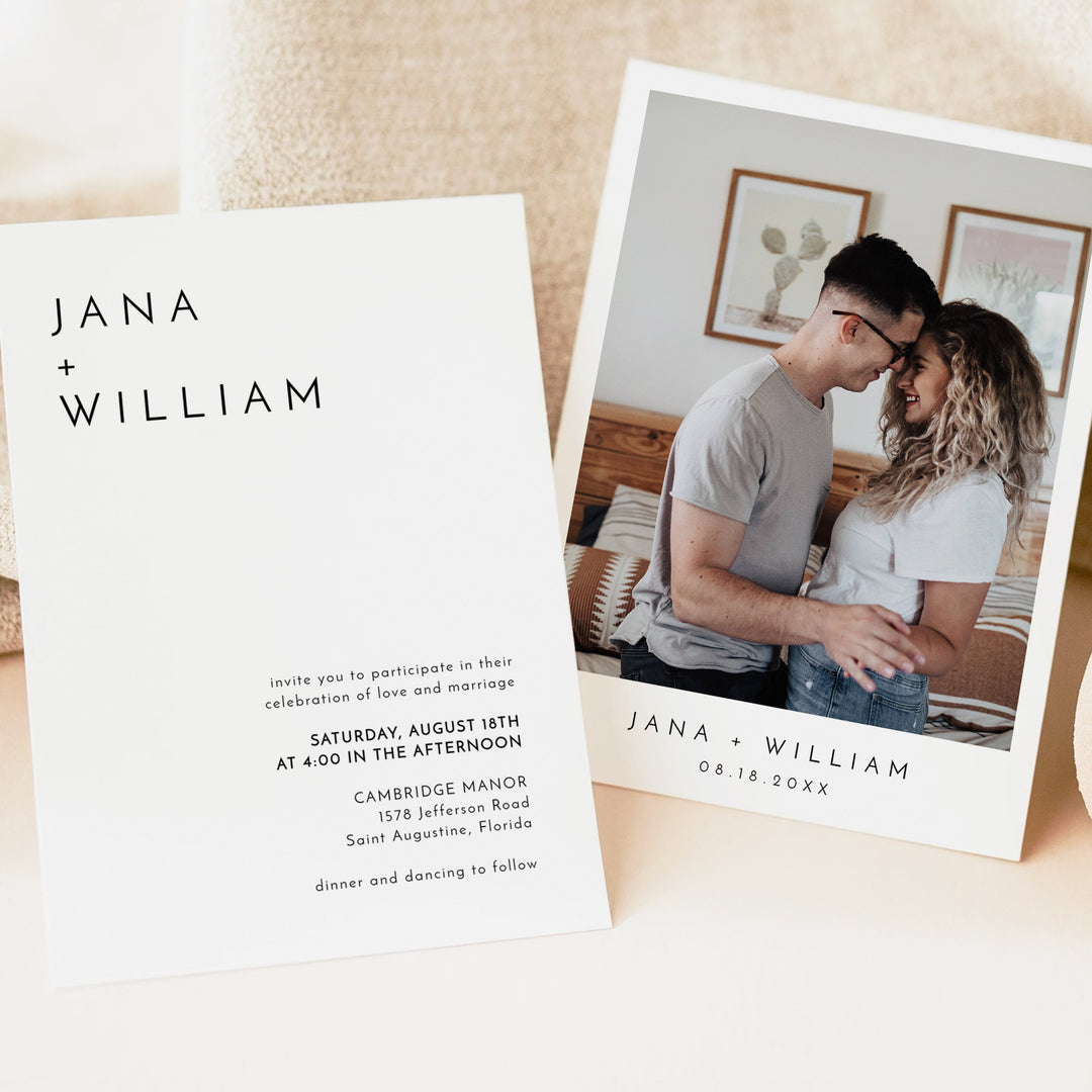 KENNEDY Modern Black and White Wedding Invite Suite with Photo