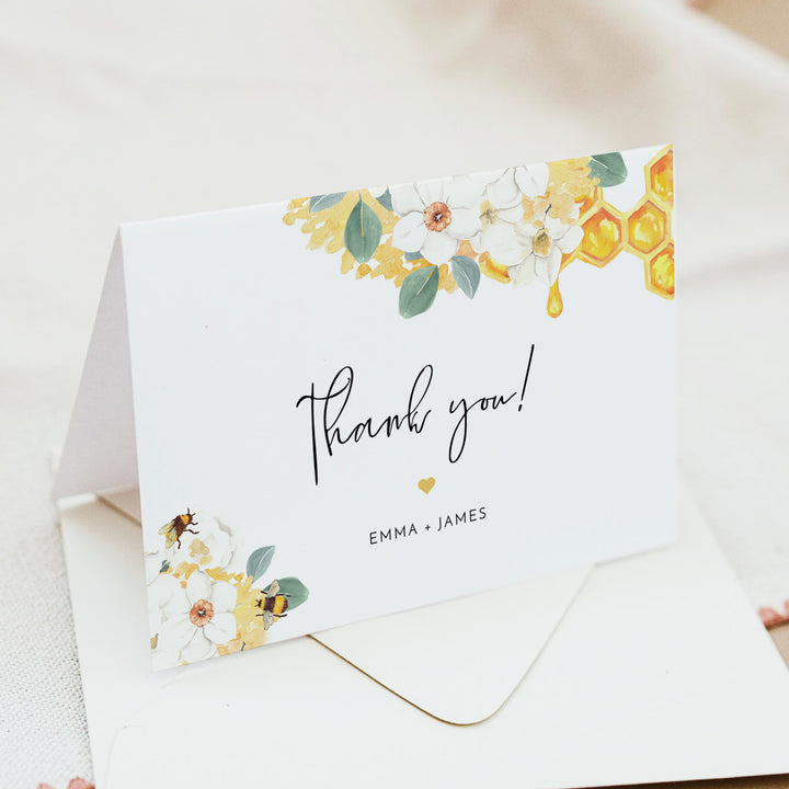 ROMY Watercolor Floral Bee Birthday or Baby Shower Thank You Card
