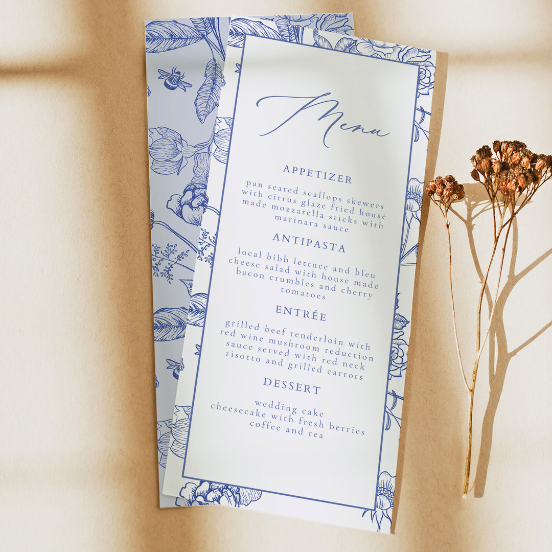 AURELIA Elegant Blue Vintage Chinoiserie Wedding Menu Cards