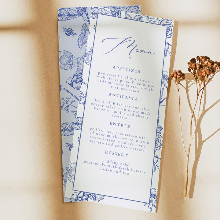 AURELIA Elegant Blue Vintage Chinoiserie Wedding Menu Cards
