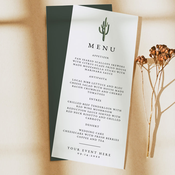 ELEANOR Minimalist Green Cactus Wedding Dinner Menu Card