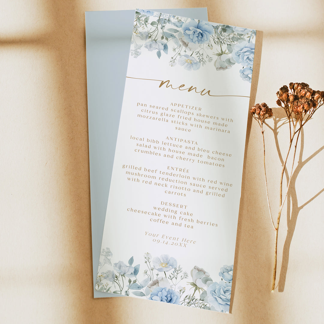 FLEUR Elegant Dusty Blue Floral Menu Cards