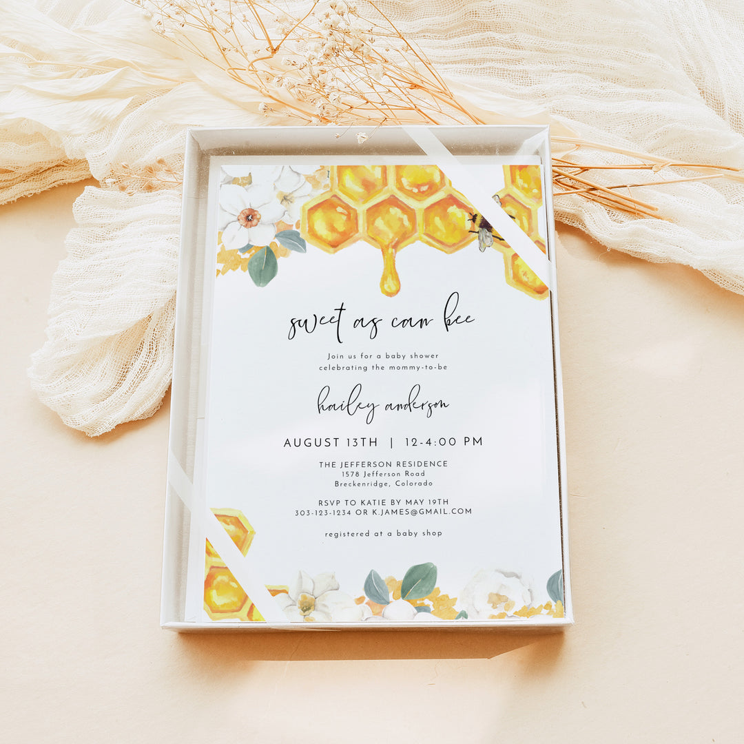 ROMY Sweet as Can Bee Boho Floral Baby Shower Invitation Bundle