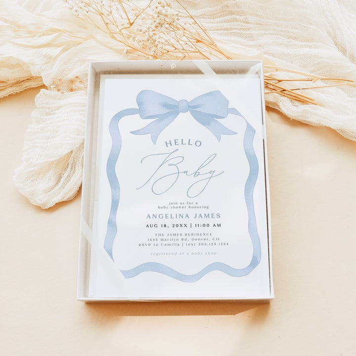 ANGELINA Dusty Blue Coquette Bow Hello Baby Shower Invitation