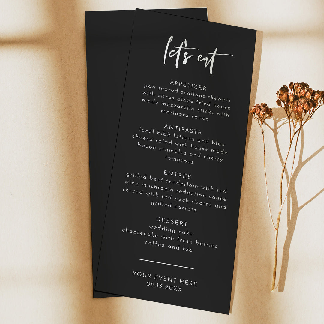 PRIYA Edgy Modern Black Let's Eat Menu Cards