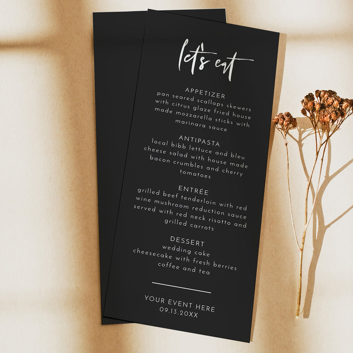 PRIYA Edgy Modern Black Let's Eat Menu Cards