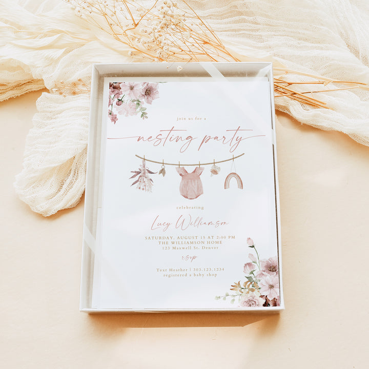 LUCY Dusty Rose Boho Girl Clothesline Nesting Party Invite