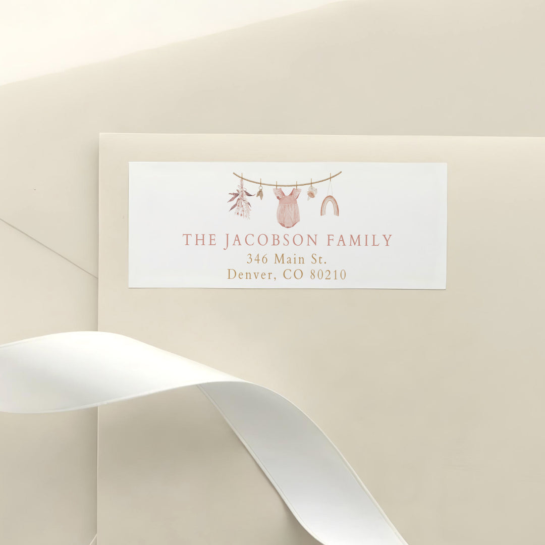 LUCY Pink Boho Clothesline Baby Shower Return Address Stickers