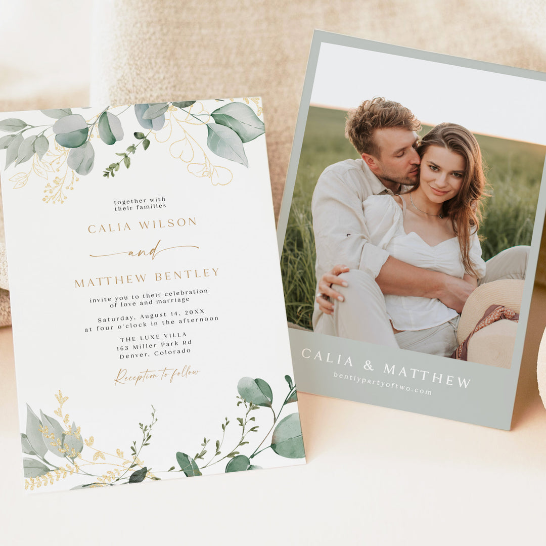 CALIA Modern Watercolor Greenery Wedding Invitations with Photo