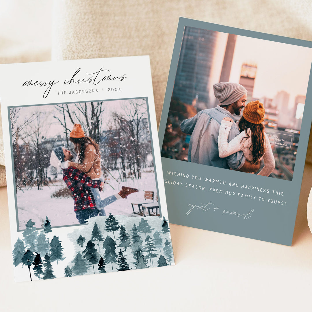 EGRET Slate Blue Pine Tree Watercolor Christmas Cards Set