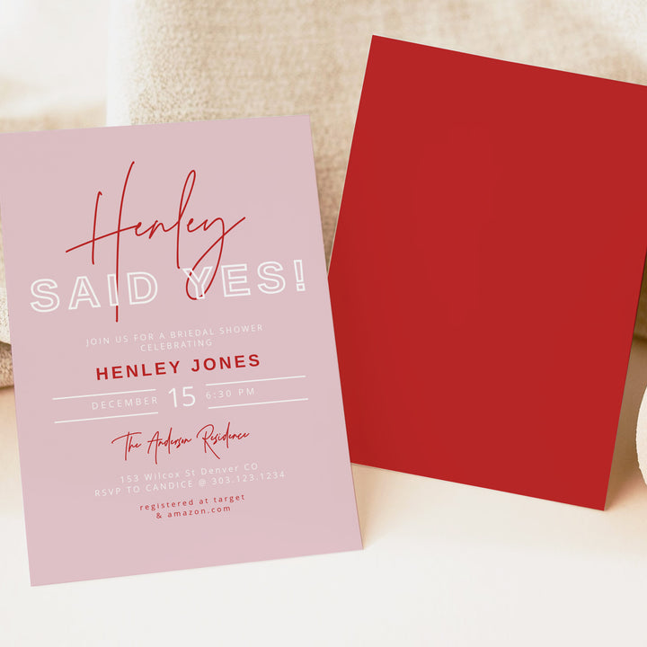 HENLEY Personalized She Said Yes Blush Pink Bridal Shower Invite