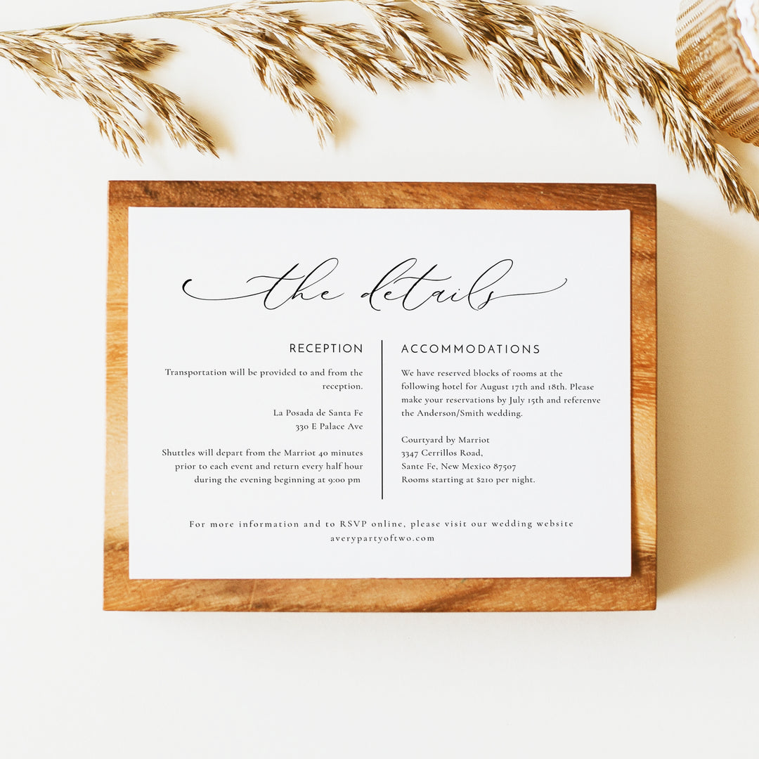 VALENTINA Elegant Script Minimalist Wedding Details Insert Card