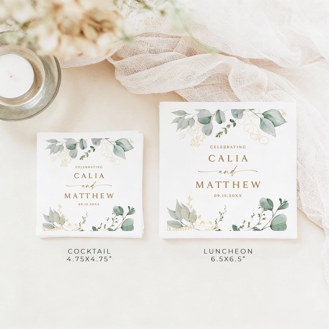CALIA Sage Green and Gold Eucalyptus Wedding Napkins