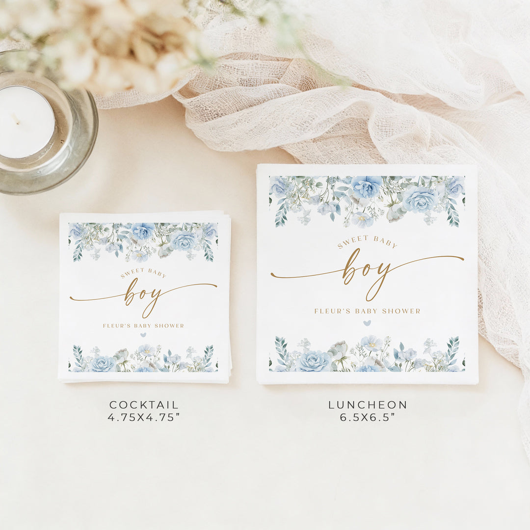 FLEUR Custom Dusty Blue Floral Boy Baby Shower Napkins FLEUR