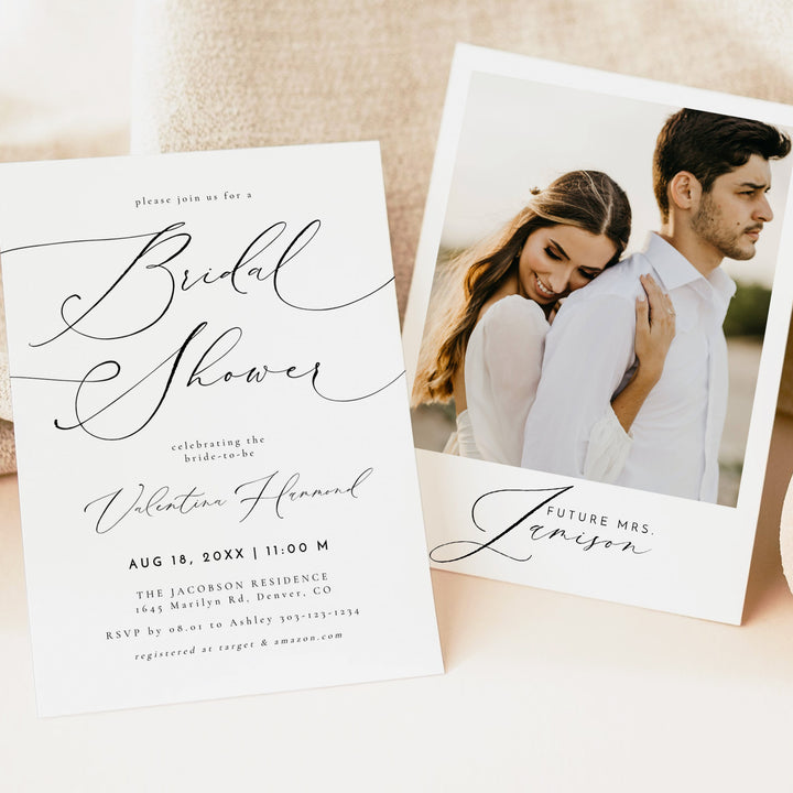 VALENTINA Elegant Calligraphy Bridal Shower Invitation with Photo