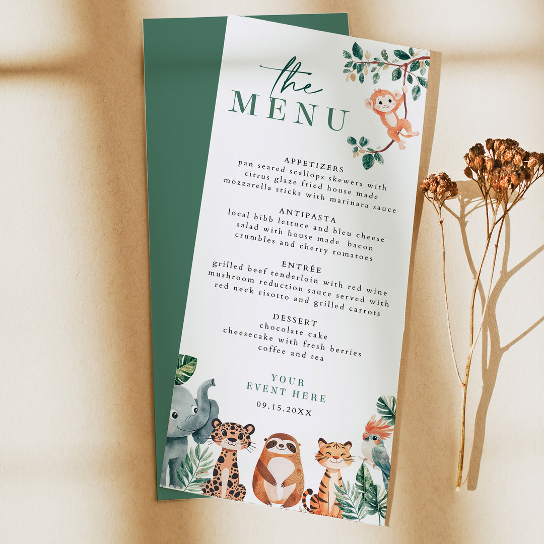WILDER Cute Jungle Safari Animals Menu Cards