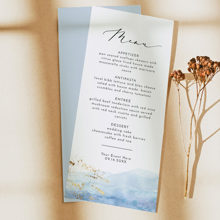 BLAKELY Elegant Dusty Blue Ocean Beach Menu Cards
