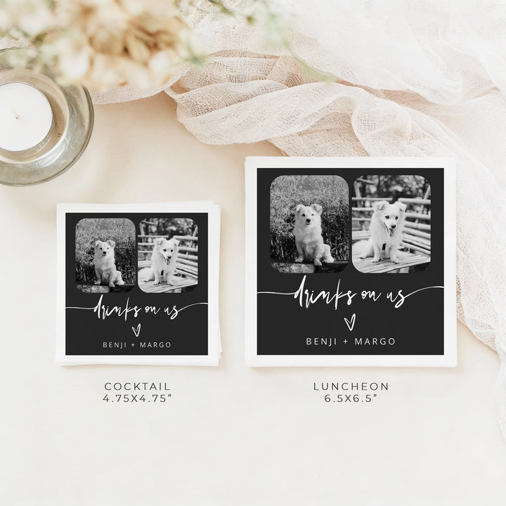 PRIYA Drinks On Us Black and White Pet Photo Napkins for Wedding
