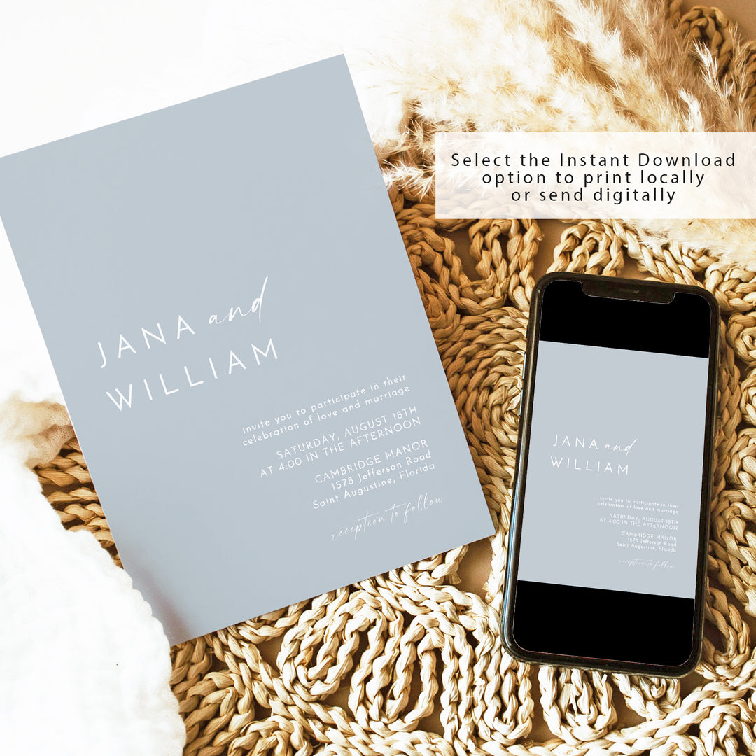 KENNEDY Modern Minimalist Dusty Blue Wedding Invitation Printed or Instant Download