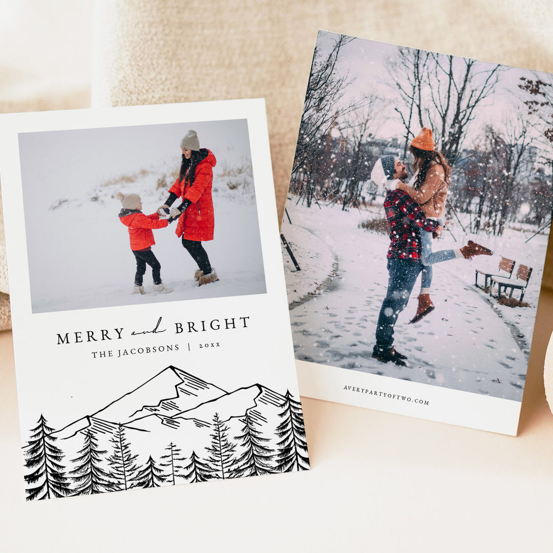 ANTORA Rustic Merry and Bright Mountain Illustration Christmas Card