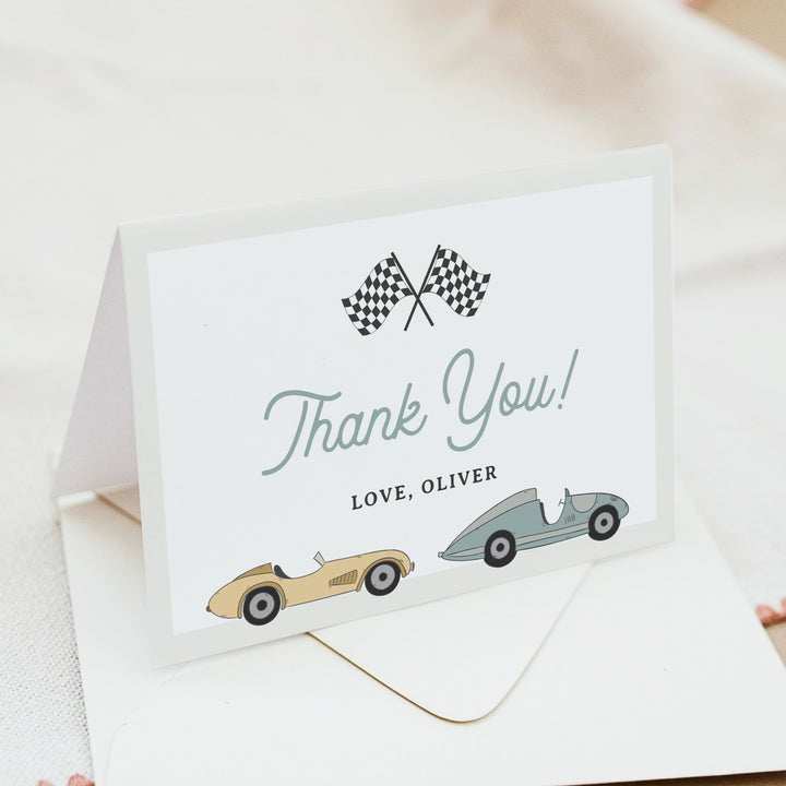MAVERICK Retro Race Car 1st Birthday or Baby Shower Thank You Cards