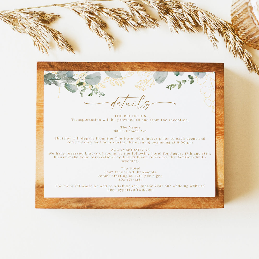 CALIA Sage Green and Gold Garden Wedding Details Card