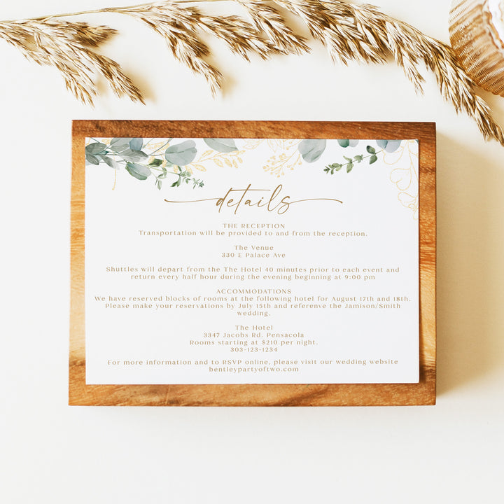 CALIA Sage Green and Gold Garden Wedding Details Card