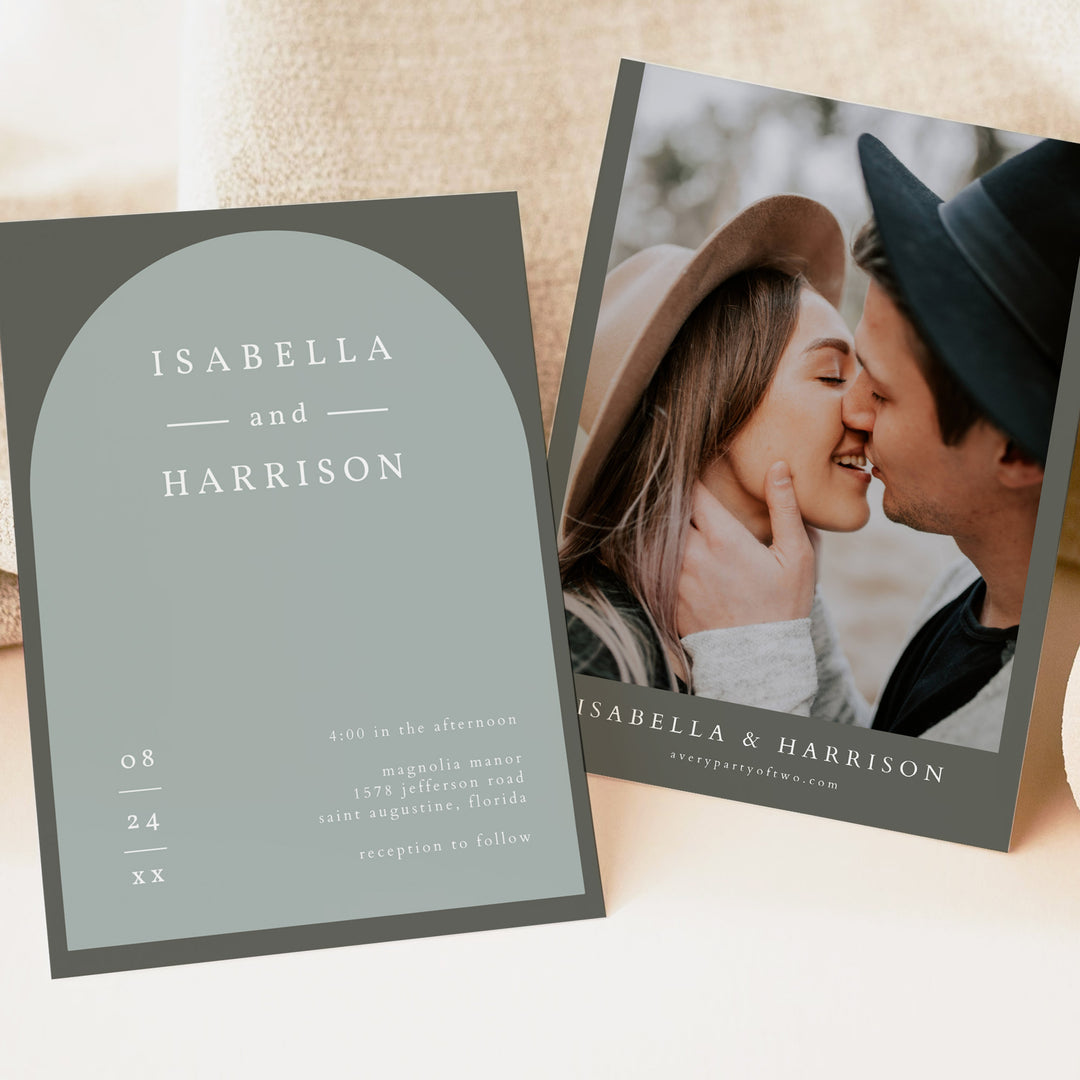 NINA Rustic Boho Arch Wedding Photo Invitation Suite