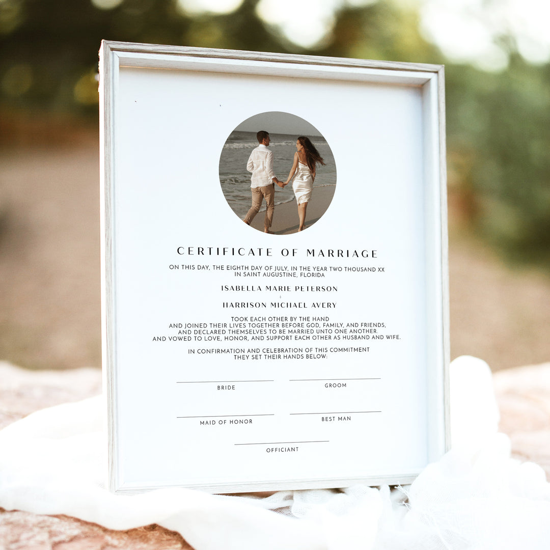 WILLOW Simple Marriage Handfasting Certificate with Photo - Unframed