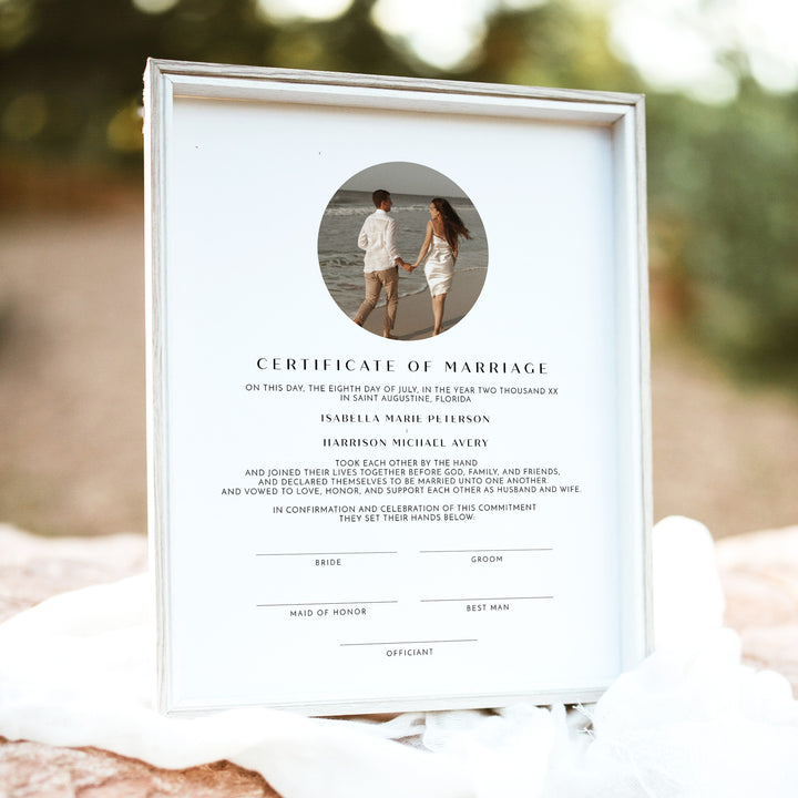 WILLOW Simple Marriage Handfasting Certificate with Photo - Unframed