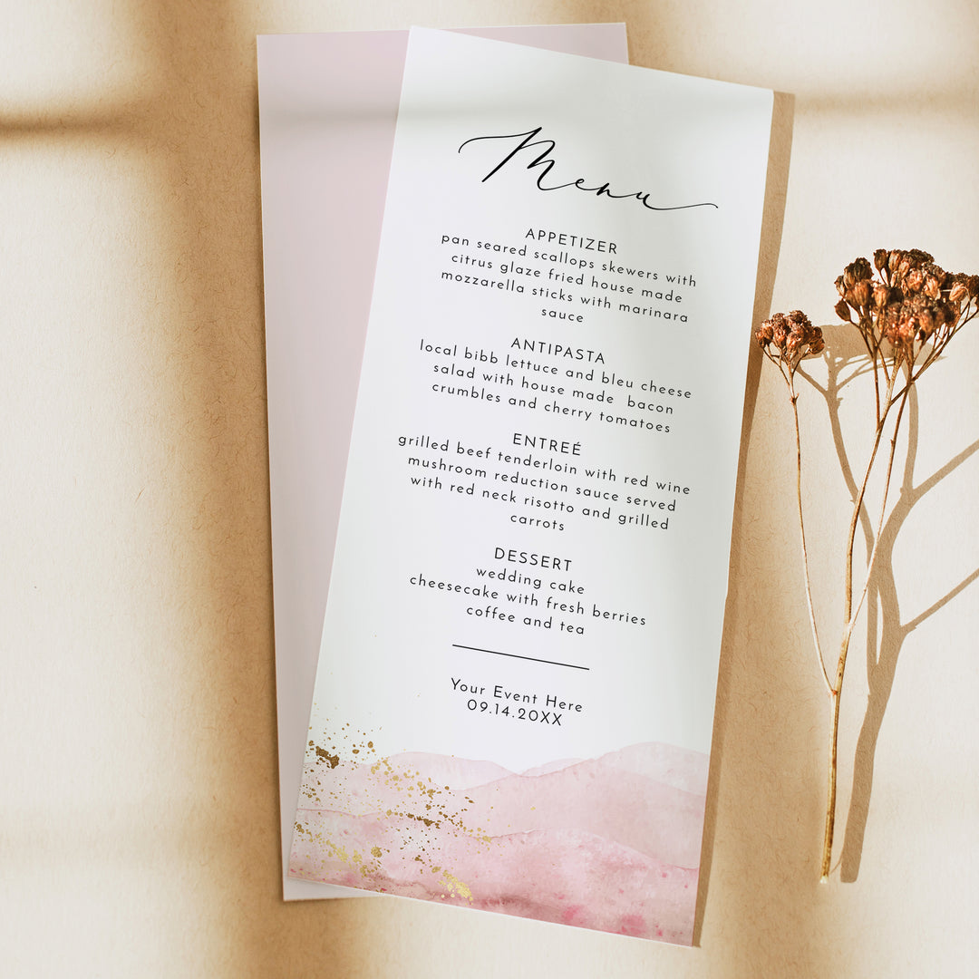 JULIEN Blush Pink and Gold Watercolor Menu Cards