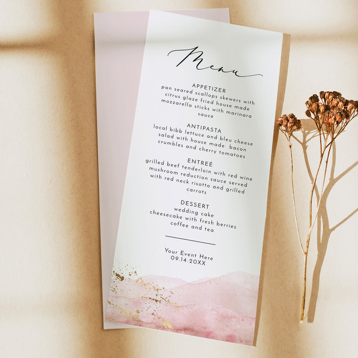 JULIEN Blush Pink and Gold Watercolor Menu Cards