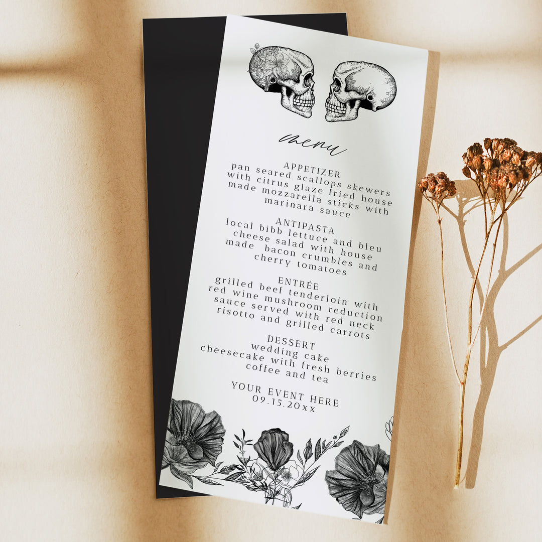 NOVA Dark Romance Skull Menu Cards for October Wedding