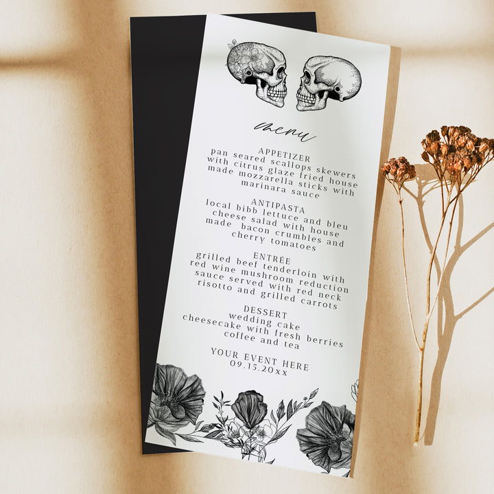 NOVA Dark Romance Skull Menu Cards for October Wedding