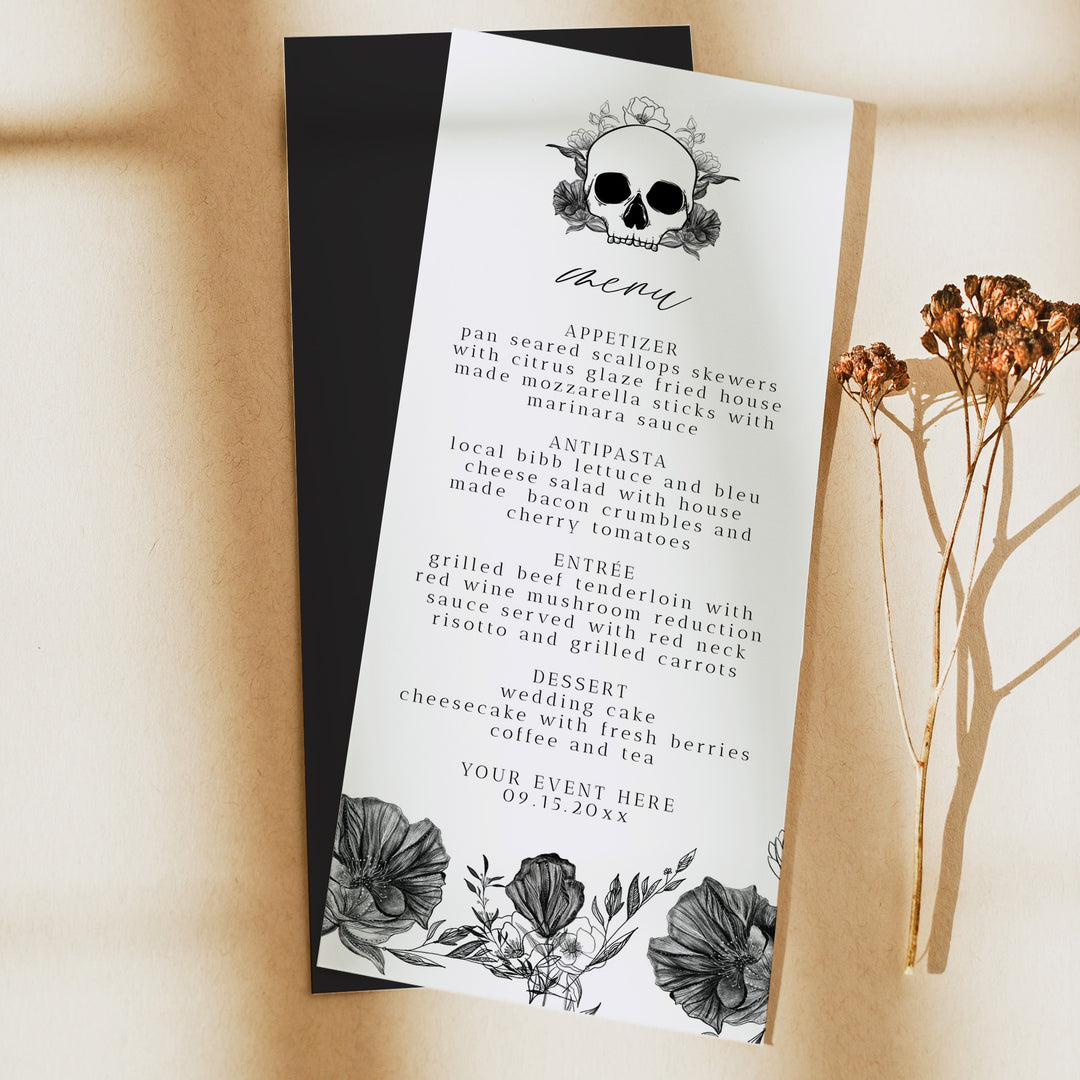 NOVA Gothic Floral and Skull Halloween Menu Cards