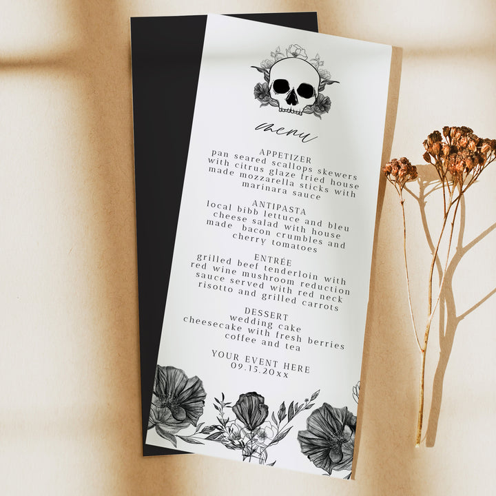 NOVA Gothic Floral and Skull Halloween Menu Cards