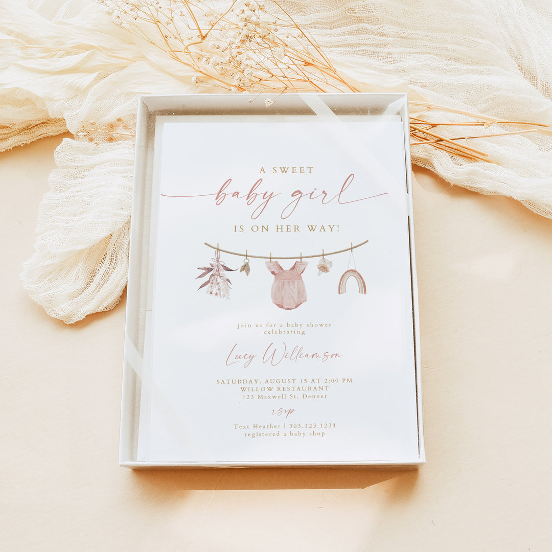 LUCY Sweet Baby Girl Clothesline Baby Shower Invitation Bundle
