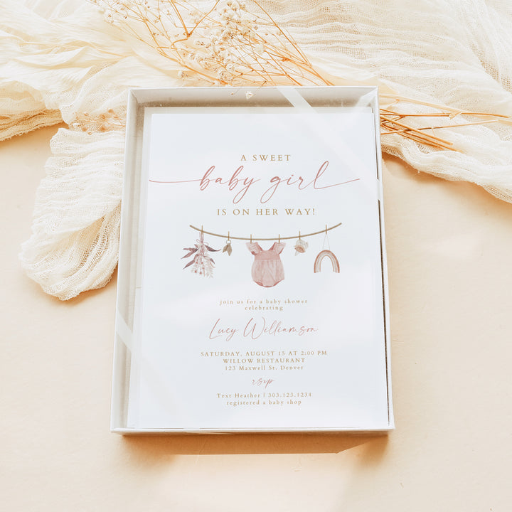 LUCY Sweet Baby Girl Clothesline Baby Shower Invitation Bundle
