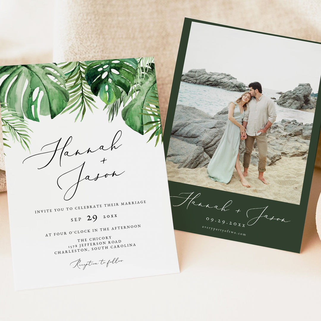 CORA Green Monstera Palm Wedding Invitation Suite with Photo