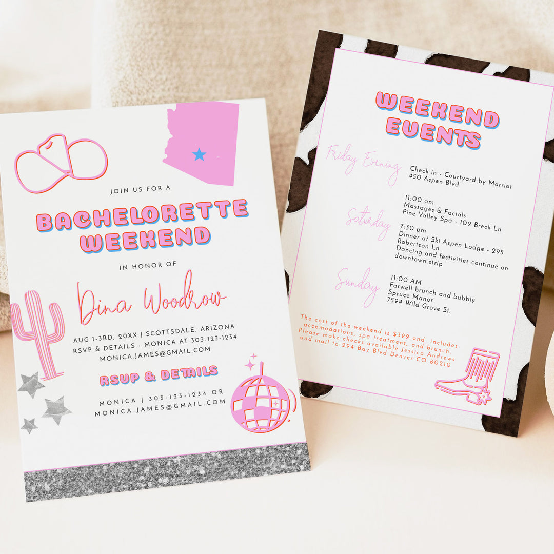 DINA Scottsdale Disco Cowgirl Bachelorette Invitation & Itinerary