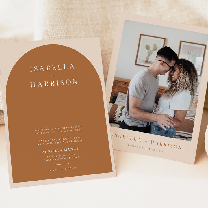 MIA Burnt Orange Minimalist Arch Wedding Invitation with Photo