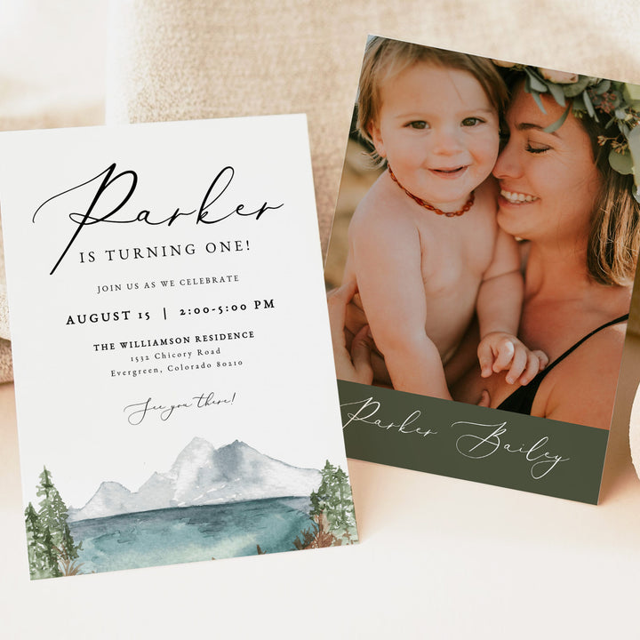 CLOVER Adventure Theme Baby Boy First Birthday Invitation with Photo