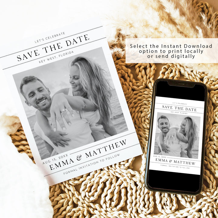 LARA Modern Newspaper Style Wedding Save the Date Printed or Instant Download