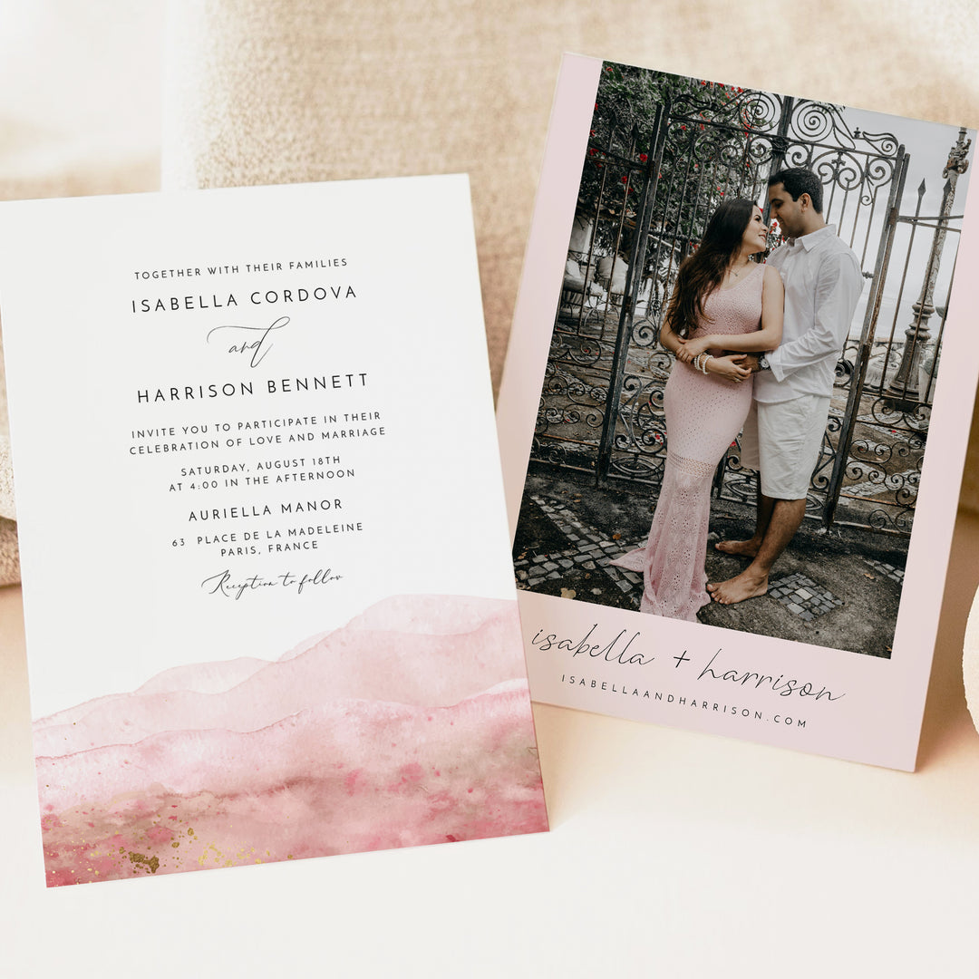 JULIEN Blush Pink Watercolor & Gold Wedding Invitation