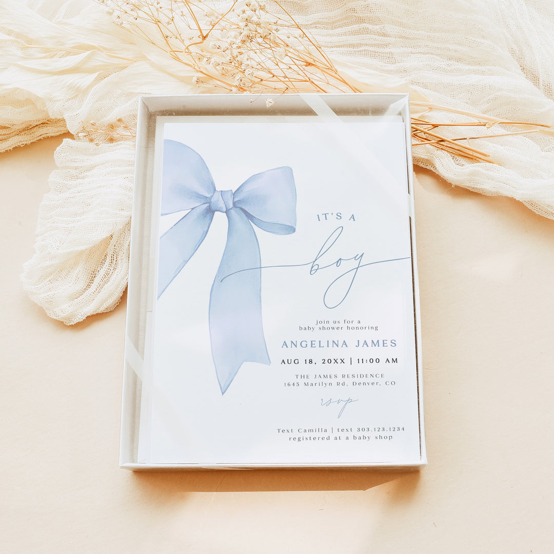 ANGELINA It's A Boy Blue Coquette Bow Baby Shower Invitation Suite