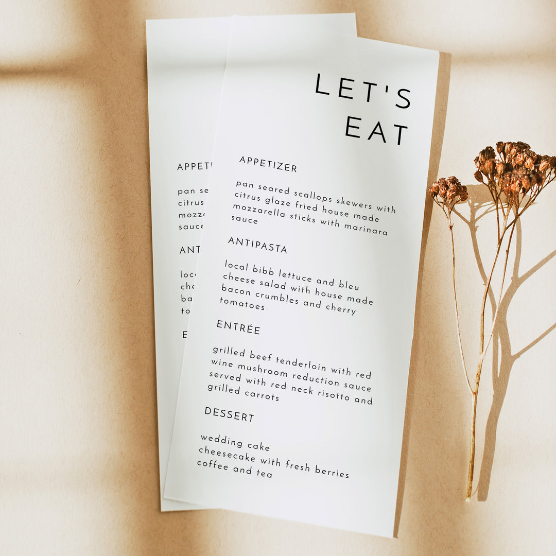 KENNEDY Let's Eat Menu Cards for Modern Wedding or Engagement Party