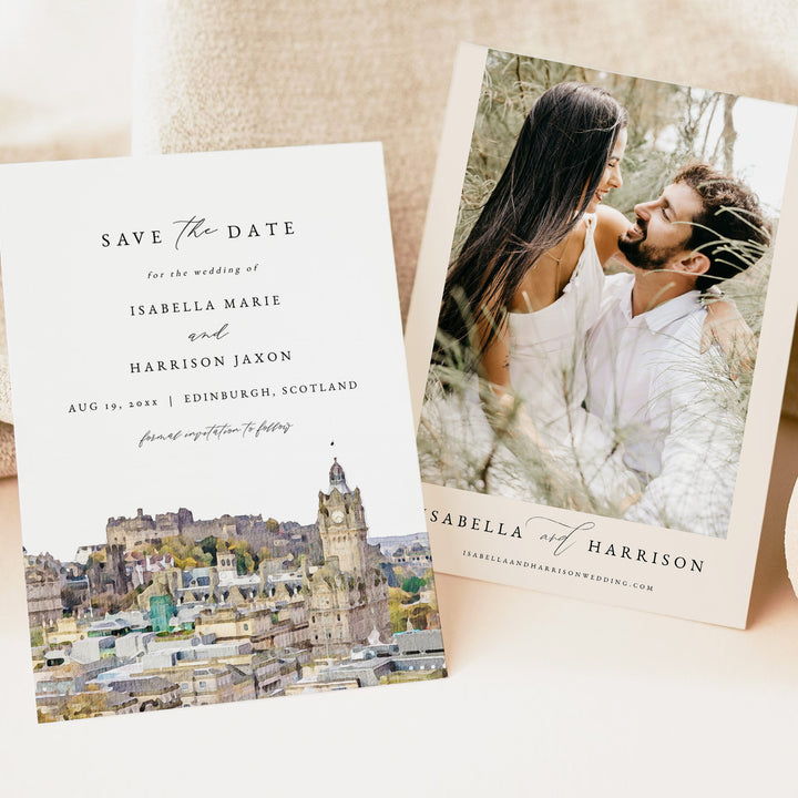 EDINBURGH Scotland Skyline Watercolor Save the Dates with Photo