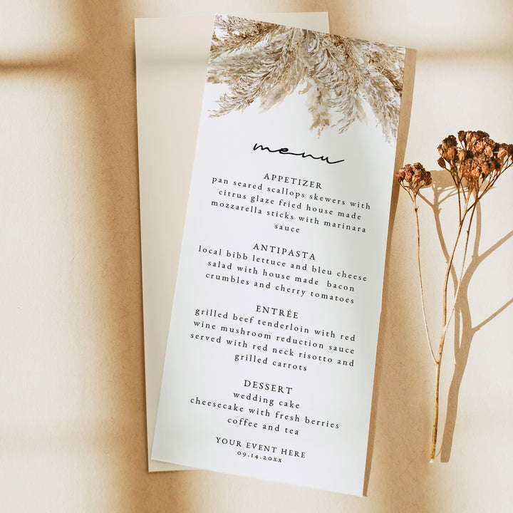 CIERA Modern Boho Pampas Grass Desert Menu Card