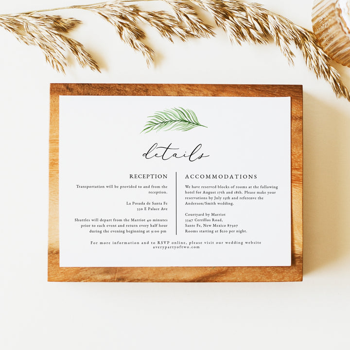 CORA Green Tropical Palm Leaf Wedding Details Card