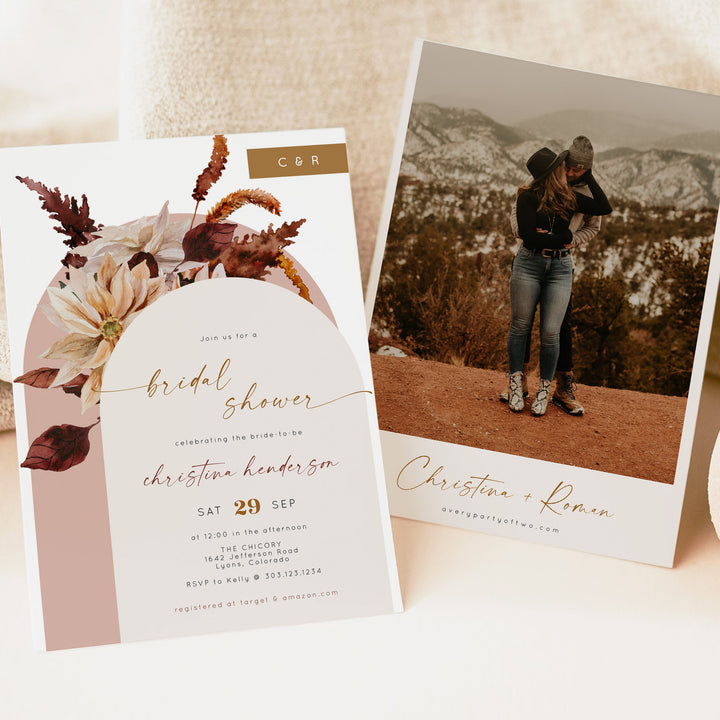TALIA Dusty Rose Rustic Fall Floral Bridal Shower Photo Invitation